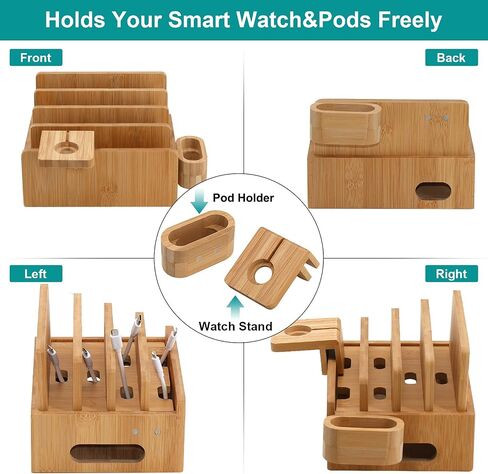 Bamboo Charging Station, Electronic Docking Station Organizer, Charger Organizer Compatible with Earbuds, Watch, Cell Phone, Tablet (Included 6 Charging Cables, 5 Ports Charger) in Saudi Arabia