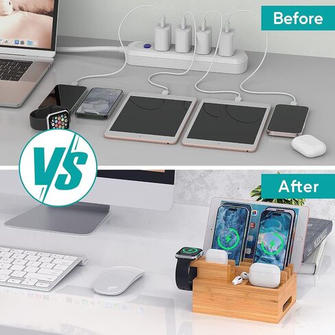 Bamboo Charging Station, Electronic Docking Station Organizer, Charger Organizer Compatible with Earbuds, Watch, Cell Phone, Tablet (Included 6 Charging Cables, 5 Ports Charger) in Saudi Arabia