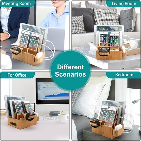Bamboo Charging Station, Electronic Docking Station Organizer, Charger Organizer Compatible with Earbuds, Watch, Cell Phone, Tablet (Included 6 Charging Cables, 5 Ports Charger) in Saudi Arabia