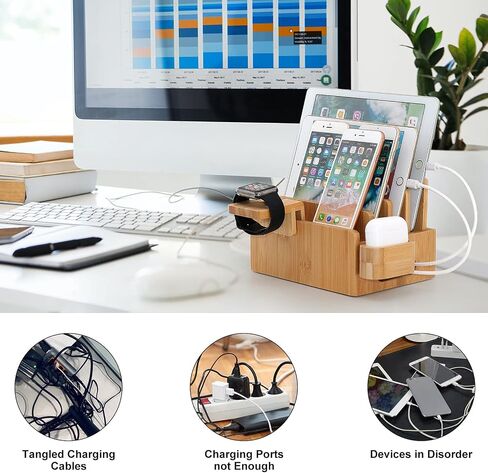 Bamboo Charging Station, Electronic Docking Station Organizer, Charger Organizer Compatible with Earbuds, Watch, Cell Phone, Tablet (Included 6 Charging Cables, 5 Ports Charger) in Saudi Arabia