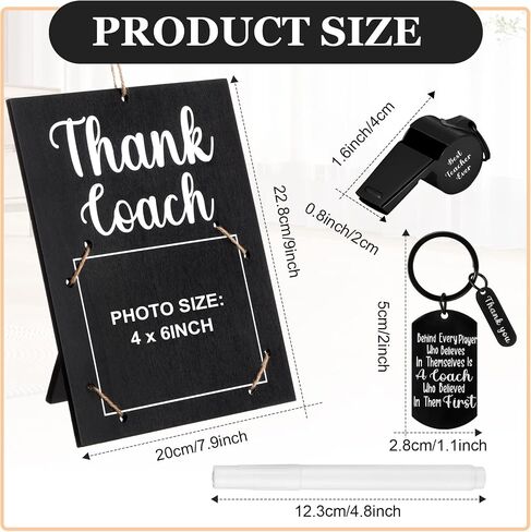 4 Pieces Coach Gifts Thanks Coach Wood Photo Frame with Pen Coach Keychain Stainless Steel Whistle Graduation Coach Appreciation Gift for Basketball Soccer Baseball Volleyball Hockey Sports Team in Saudi Arabia