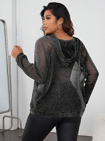 OYOANGLE Women's Plus Glitter Mesh See Through Long Sleeve Pullovers Oversized Shirts Hoodie Sweatshirts in Saudi Arabia