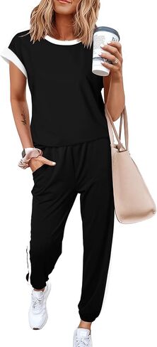 Dokotoo ملابس نسائية مكونة من قطعتين بدلة رياضية Colorblock مريحة مجموعات صالة متماسكة قصيرة الأكمام Jogger Sweatpants رياضية in Kuwait