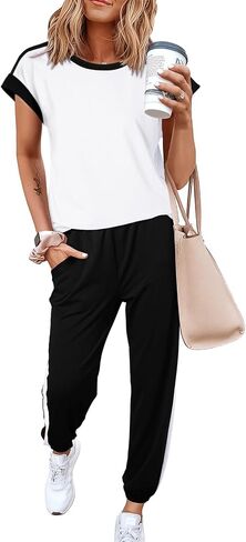 Dokotoo ملابس نسائية مكونة من قطعتين بدلة رياضية Colorblock مريحة مجموعات صالة متماسكة قصيرة الأكمام Jogger Sweatpants رياضية in Kuwait