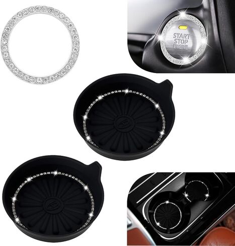 2PCS Car Cup Coasters, 1PCS Car Bling Crystal Engine Start Ring, Car Coasters for Cup Holders, Car Cup Holder Coaster, Push Start Button Cover, Pushbutton Switches, Car Accessories for Women, NEYEUCI in Saudi Arabia