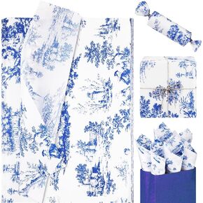 90 Sheets 20 * 14 Inches Blue French Vintage Print Tissue Bulk, Blue French Lady Toile Gift Wrap Tissue Paper, Retro Decorative Tissue Paper for Wedding Birthday Bridal Shower DIY Craft Gift Wrapping