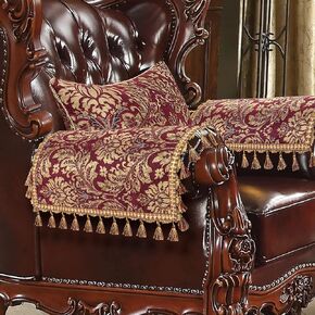 Loom and Mill Luxury Jacquard Sofa Arm Covers 2 PCS, Elegant Damask Couch Armrest Cover with Tassels, Non-Slip Furniture Protector for Chair Sofa Recliners Couch Dogs Pets, Burgundy red, 20x24in