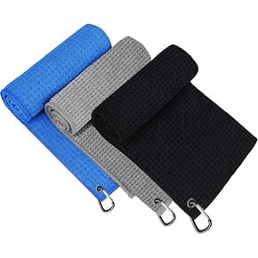 Golf Towel,3 Pack Towels for Golf Bags with Clip,Microfibler Waffle Pattern Golf Towel,Golf Accessories for Men Women,16''x16'' Tri-fold Golf Towel (Black/Gray/Blue)