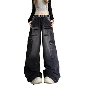Y2K Beggy Jeans for Women Men Denim Pants Gothic Jeans Straight Wide Leg Cargo Pants with Multi Pockets
