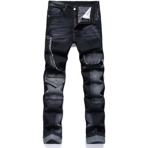 Men's Jeans Denim Pants Straight Patchwork Distressed Biker Jean Streetwear