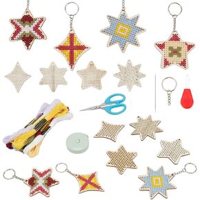 FREEBLOSS 16 Pcs Snowflake Wooden Cross Stitch Kits Cross Stitching Keyrings Wooden Cross Stitch Sewing Kits Christmas Embroidery Wooden Crafts Christmas Ornament