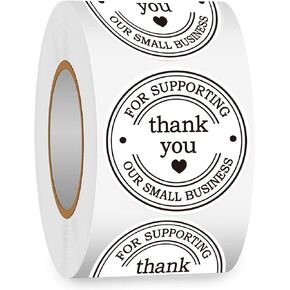 2" Round Classic Retro Stickers Thank You for Supporting Our Small Business Sticker Labels with Hearts - Printed White Thank You Stickers 500 Thank You Labels Per Roll (White, 2 inch)