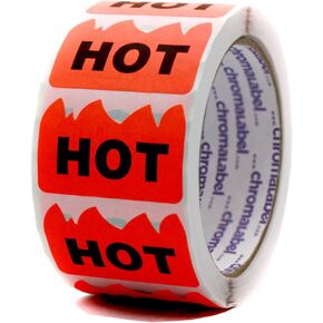 ChromaLabel 2 x 1.25 Inch Fluorescent Red Orange Flame Shaped Sticker, 500 Labels per Roll, Imprinted: Hot