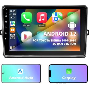 Android 12 Car Radio Stereo for Toyota Sienna 2004 2005 2006 2007 2008 2009 2010, Wireless Carplay&Android Auto 2G+64G Bluetooth/Voice Control/GPS/WiFi/SWC/FM, 9 Inch IPS Touch Screen for Sienna