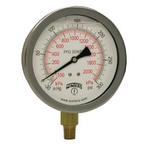 Winters 4" Dial Size, Liquid Filled Industrial Pressure Gauge, Brass Internals, Stainless Steel Case, Dual Scale 30" Hg-0-300 psi/kPa, 1.5% Acc, 1/4" NPT Bottom Mount, Pressure and Vacuum Gauge