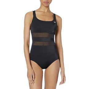 Nike Missy Mesh Solid Edge V-Back One Piece Swimsuit, Black, Large