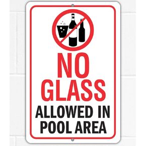 Metal Sign - No Glass Allowed in Pool Area - Pool Rules Safety Signs - Use Indoor/Outdoor - Swimming Pool Decorations Outdoor for Deck Decor - Pool Signs and Decor Outdoor (8" x 12")