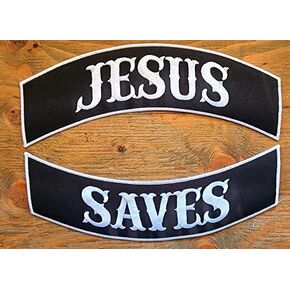 KMA Jesus Saves TOP & Bottom Rocker Patch 12inchX3inch for Jacket Vest Leathers, BLACK