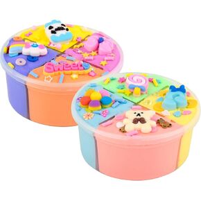 2 Pack Butter Slime Kit, Colorful 4-Color Grid Slimes with Cute Charms, Soft and Non-Sticky, Scented DIY Slime, Slime Putty Toys for Kids