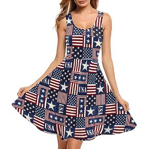 American Flag Dress for Women Fourth of July Outfit Patriotic Dresses Sleeveless Stars Summer USA Flag Skirt