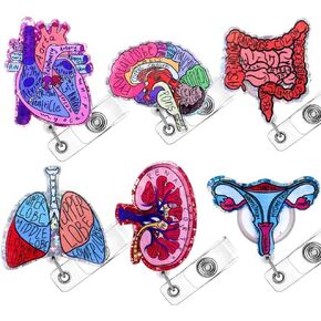 6PC Anatomical Organs Nurse Badge Reels Glitter Retractable Clips Holder for Nurses Healthcare Nursing School Student Anatomy Surgery Heart Brain Lung Kidney Uterus Intestines Accessory Essentials