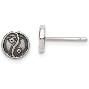 Solid 925 Sterling Silver and Vintage Antiqued Yin Yang Sign Post Studs Earrings 7mm