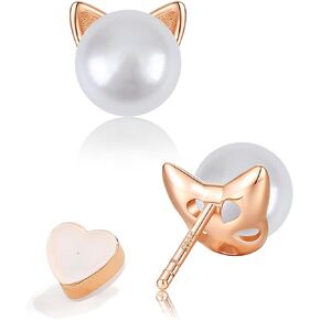 Cat Pearl Earrings For Women Hypoallergenic Sterling Silver Posts Small Dainty Studs Earrings | Cat Memorial Gifts Cat Gifts for Cat Lovers | Come with Gift Box