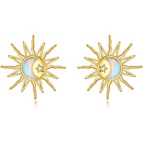 14k Real Gold Sun Earrings for Women Opal Moon Stud Earring Jewelry Birthday Gifts for Women Girls Girlfriend