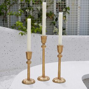 Antique Brass Candlesticks, Cast Iron Tapered Candle Holders Set of 3, Decorative Candlesticks for Gift, Wedding, Dinning, Party, Kitchen