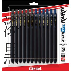 Pentel Energel 0.7 Kuro Gel Pen - Medium Line - 12 Pack Of 6 Black & 6 Blue