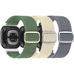 Adjustable Braided Solo Loop Bands Compatible with Fitbit Versa 4 / Fitbit Sense 2 / Fitbit Versa 3 / Fitbit Sense, Stretchy Nylon Sport Elastic Wristbands Women Men Straps for Fitbit Versa 4 / 3 /Sense 2 / Sense, 3 Packs