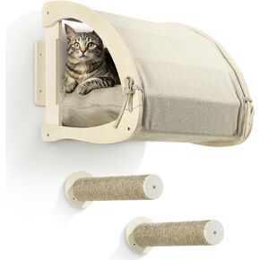 Navaris Wall-Mounted Cat Tree for Indoor Cats - Sturdy and Cosy Cat Furniture - Cat Steps and Bed for Large Cats and Kittens - Natural Pine, Linen and Jute