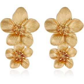 Gold Large Double Flower Earrings for Women Girls Unique Bohemian Retro Statement Gold Plated Floral Stud Earrings Elegant Chic Jewelry Gifts