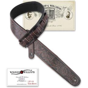 Walker & Williams LIF-03 Distressed “Weathered Dark Brown Padded Guitar Strap with Western Sheridan Tooling For Acoustic, Electric, And Bass Guitars