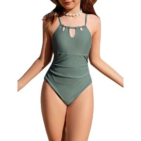 Milumia Girl's Ditsy Floral One Piece Swimsuit Ruched Crisscross Back Bathing Suit Swimwear Dusty Green 12 Years