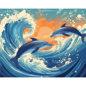 Ginfonr 5D DIY Mosaic Diamond Art Painting Kits Dolphins Sunrise Full Drill, Paint with Diamonds Art Animals Cross Stitch Embroidery Rhinestone Craft for Home Office Wall Decor 12x16 Inch