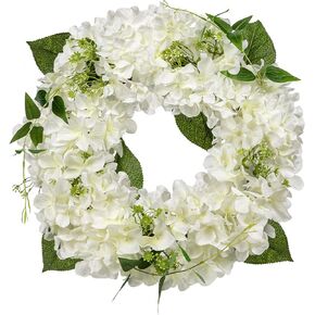 Briful Artificial Hydrangea Wreath 16 ½in White Silk Hydrangea Faux Wreath Realistic Fake Wreaths for Home Front Door Mantle Wall Farmhouse Decor