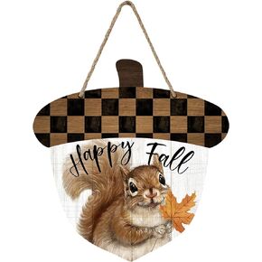 Happy Fall Squirrel Acorn Shaped Front Door Sign, Autumn Checkerboard Wood Door Hanger Outdoor Outside Porch Decor, Maple Leaves Farmhouse Rustic Wooden Wreath Indoor Wall Hanging Decoration