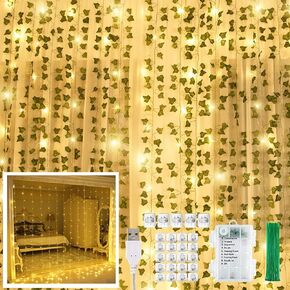 KASZOO 12 Pack Artificial Ivy Leaf Plants with 240 LED Window Curtain String Lights, Fake Plants Vine Hanging Garland, Hanging for Wall Party Wedding Room Home Kitchen Indoor & Outdoor Decoration