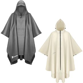 PTEROMY Hooded Rain Poncho with Pocket(Grey)+Hooded Rain Poncho with Pocket and Zipper(Beige)