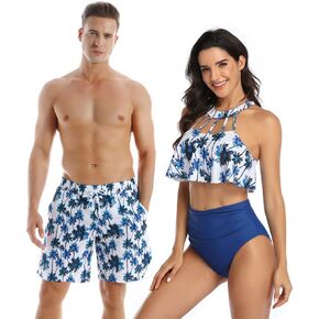 Couples Matching Swimsuit High Waist, Blue Coconut Trees, Beach Bathing Matching Swimwear