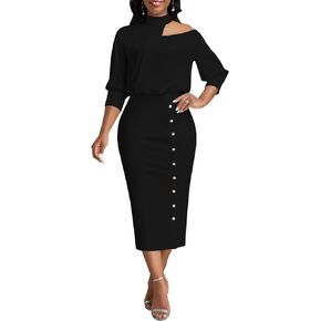 Church Dress for Women Bodycon Long Sleeve Wrap Ruched Business Work Pencil Split Sheath Midi Dresses