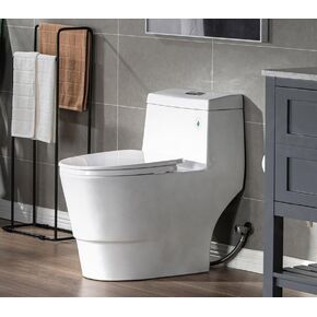 WOODBRIDGE One Piece Toilet with Soft Closing Seat, Chair Height, 1.28 GPF Dual, Water Sensed, 1000 Gram MaP Flushing Score Toilet with Chrome Button T0001-CH, White