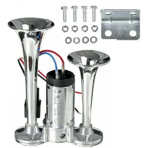 150DB Air Train Horn kit, 12V Super Loud Car Air Horn Kit win Tone Chrome Plated Zinc Dual Trumpet with Compressor for Any 12V Trucks Lorrys Trains Vans Boats