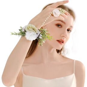 Rose Flower Wrist Corsage Bracelets - Prom Wedding Handmade Pearl White Corsage for Women