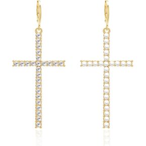14K Gold Plated Drop Cross Drop Dangle Earrings for Women Girls Trendy Gold Cross Earrings Cute Dainty Cubic Zirconia Small Cross Earrings Fashion Jewelry Gift