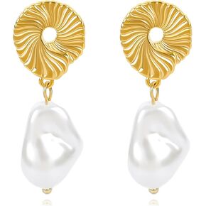 Gold Shell Pearl Earrings for Women Boho Dangle Seashell Baroque Pearl Earring Bohemian Drop Irregular Natural Freshwater Pearl Conch Earrings for Summer Beach Vacation Ocean Jewelry Gifts for Girls