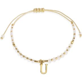 White Gold Beaded Natural Stone Initial Bracelets for Women Teen Girls, Boho Handmade Personalized Gemstone Beads Letter Name Braided Rope Adjustable Bracelet Beach Bohemian Jewelry Gift