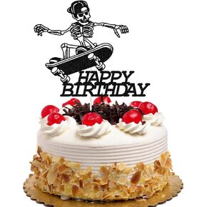 Skateboard Cake Topper Happy Birthday Cake Pick Skateboarder Extreme Skateboarding Sports Theme Boys Girls Birthday Party Decoration Supplies Black Glitter