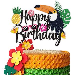 Toucans Happy Birthday Cake Topper Black Glitter Hawaiian Luau Palm Leaf Jungle Cake Decor Tropical Bird Theme Birthday Party Supplies